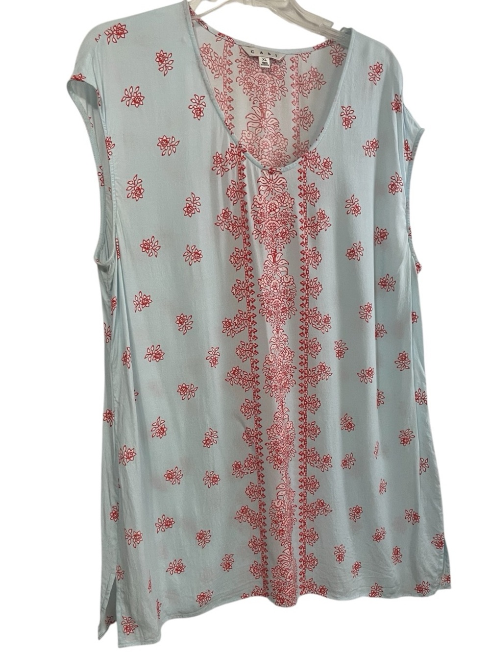 CAbi #855 Serene Tunic St Barts Light Blue  red floral Sleeveless Top sz XL